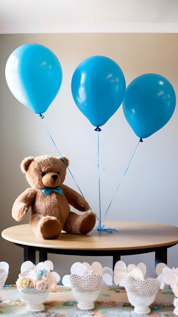 Plush teddy bear with a blue bow sitting on a table, surrounded by three blue balloons tied with strings. The table is decorated with elegant white and floral-themed party favors, creating a cozy bear-themed baby shower setting