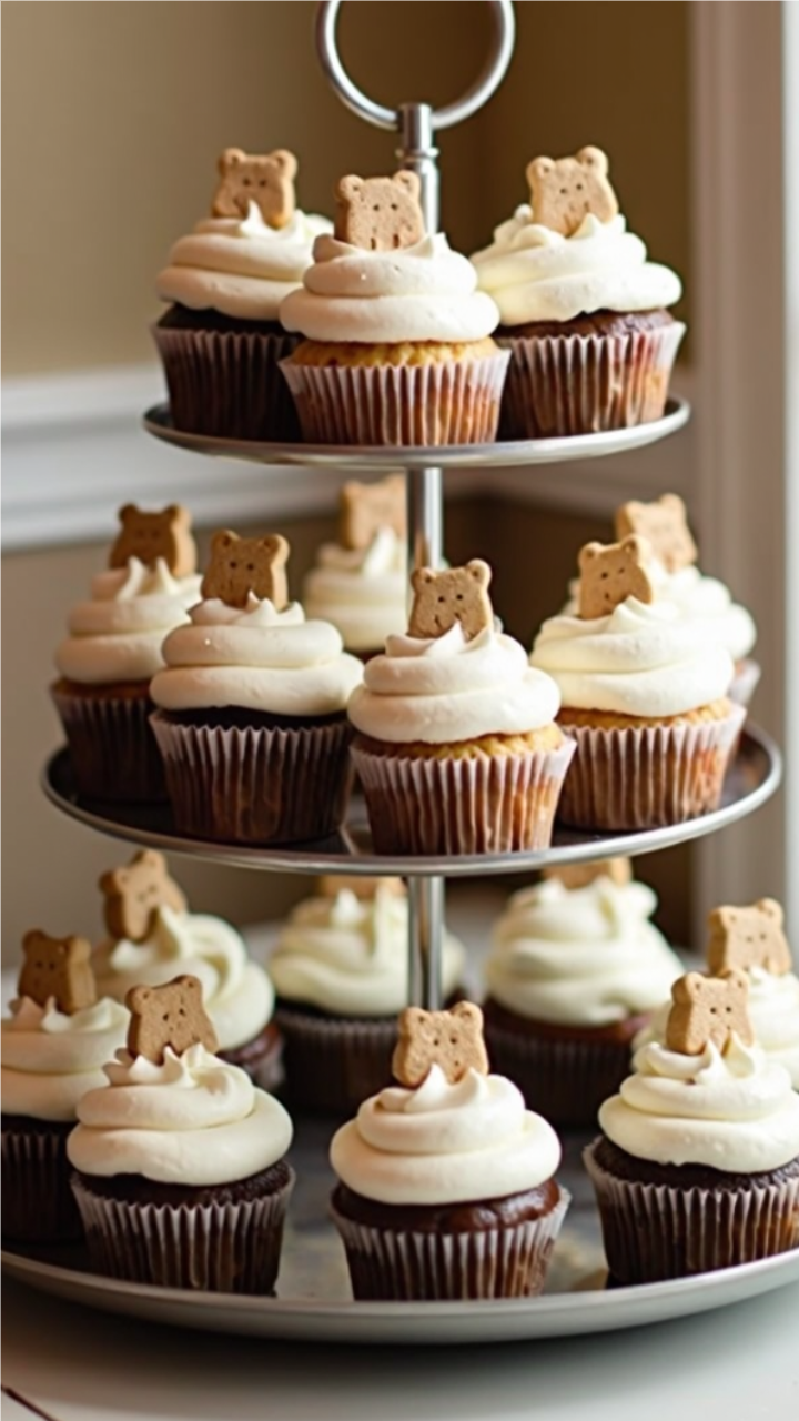 A three-tiered cupcake stand displaying chocolate and vanilla cupcakes topped with swirls of white frosting and small bear-shaped cookies, perfect for a bear-themed baby shower.