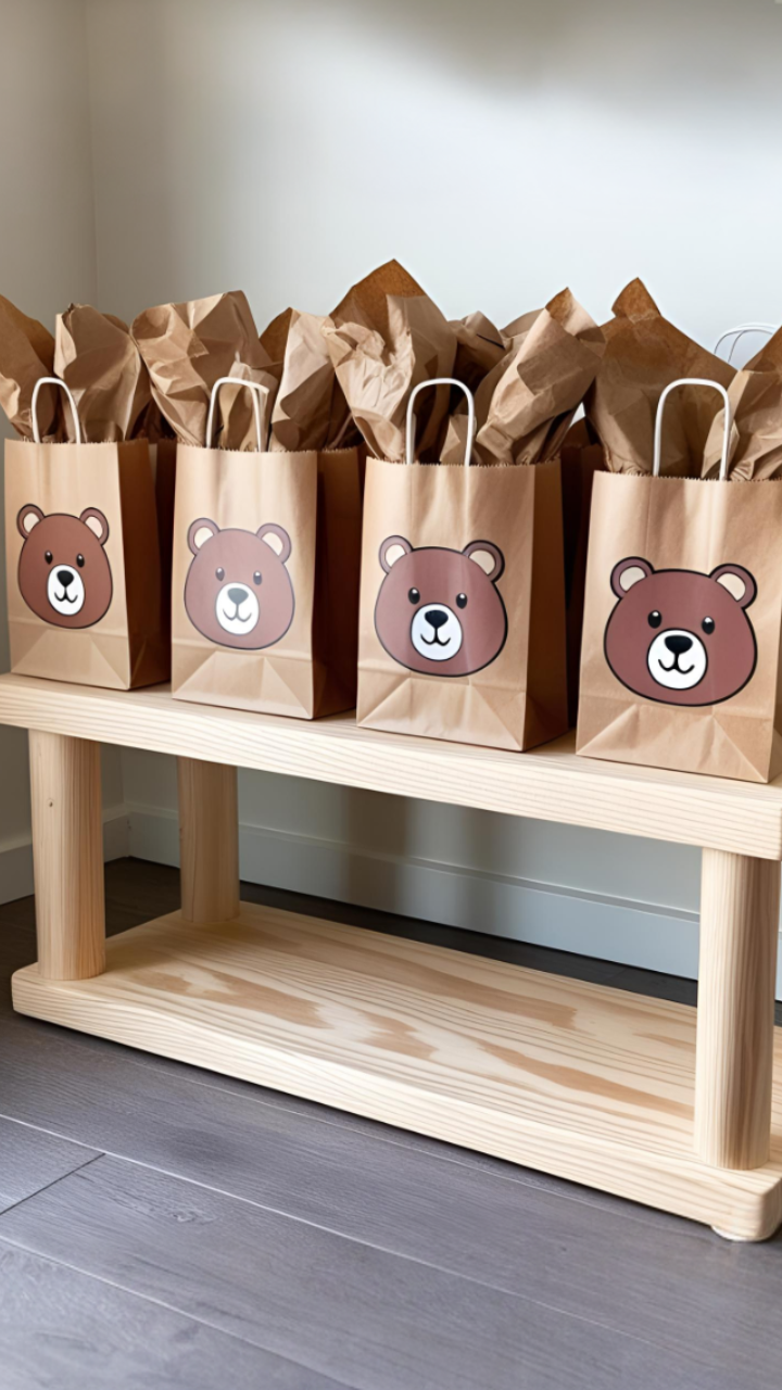 Brown paper gift bags with cute bear face designs, filled with crinkled paper, displayed on a wooden bench at a bear-themed baby shower.