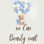 Bear-themed baby shower invitation featuring a teddy bear in a hot air balloon made of blue and cream balloons, with the text 'We Can Bearly Wait' in elegant script.
