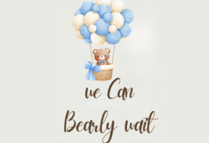 Bear-themed baby shower invitation featuring a teddy bear in a hot air balloon made of blue and cream balloons, with the text 'We Can Bearly Wait' in elegant script.