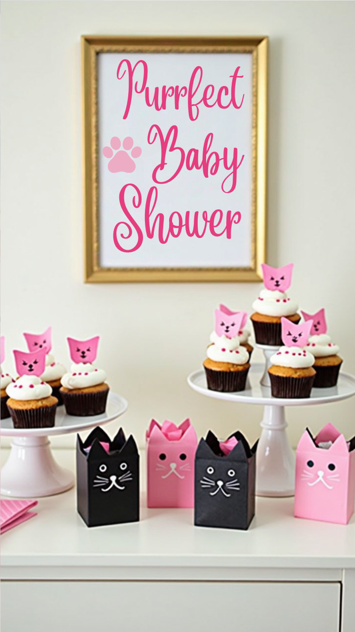 Cat-themed baby shower dessert table with cupcakes topped with pink fondant cat faces, black and pink cat-shaped favor bags, and a gold-framed 'Baby Shower' sign in the background