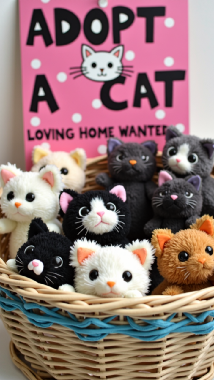 Basket of plush toy cats with an 'Adopt a Cat' sign in the background, perfect for a cat-themed baby shower adoption station