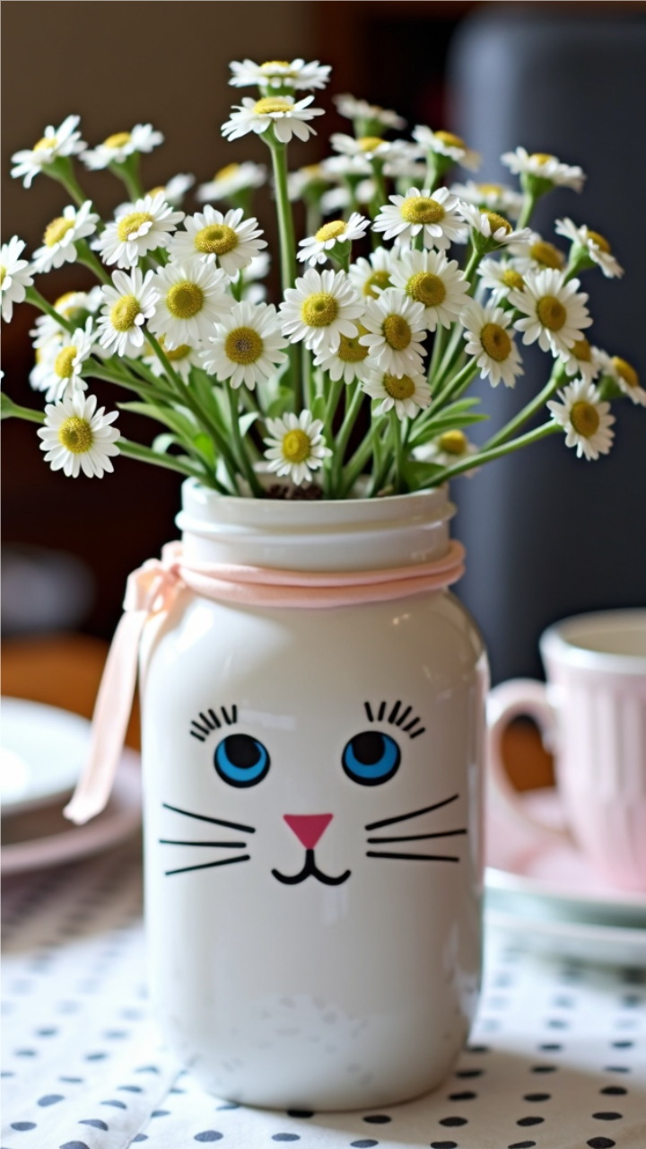 DIY cat-themed mason jar vase with a cute painted face, pastel ribbon, and fresh daisies, perfect for a baby shower centerpiece