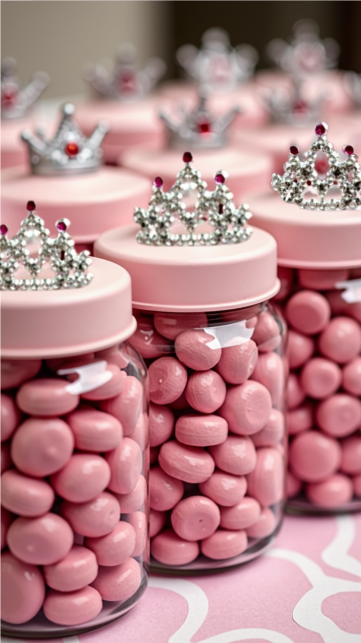 Glass jars filled with pink candy, topped with sparkling mini tiaras, arranged on a pink tablecloth for a fairytale bridal shower favor