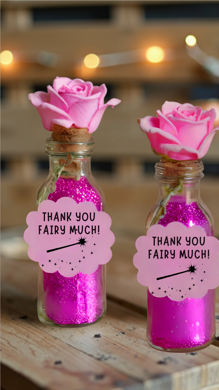 Two small glass bottles filled with pink glitter, sealed with corks, and topped with artificial pink roses. A tag on each bottle reads "Thank You Fairy Much!" with a fairy wand illustration. The bottles are placed on a rustic wooden surface with warm fairy lights in the background