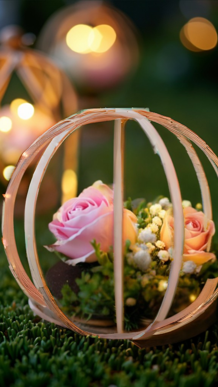 A romantic fairy tale-inspired centerpiece featuring a delicate wooden hoop structure wrapped in warm fairy lights. Inside the hoop, soft pink roses, white baby's breath, and lush greenery are arranged on a floral base. The blurred background showcases additional glowing centerpieces, creating a dreamy ambiance on a grassy surface