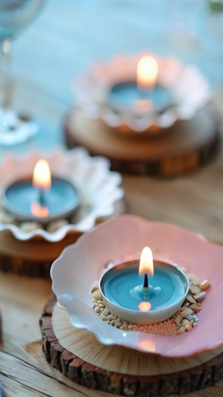 DIY seashell candle holders with blue tealight candles, placed on wooden slices with small pebbles for a beach-themed decoration