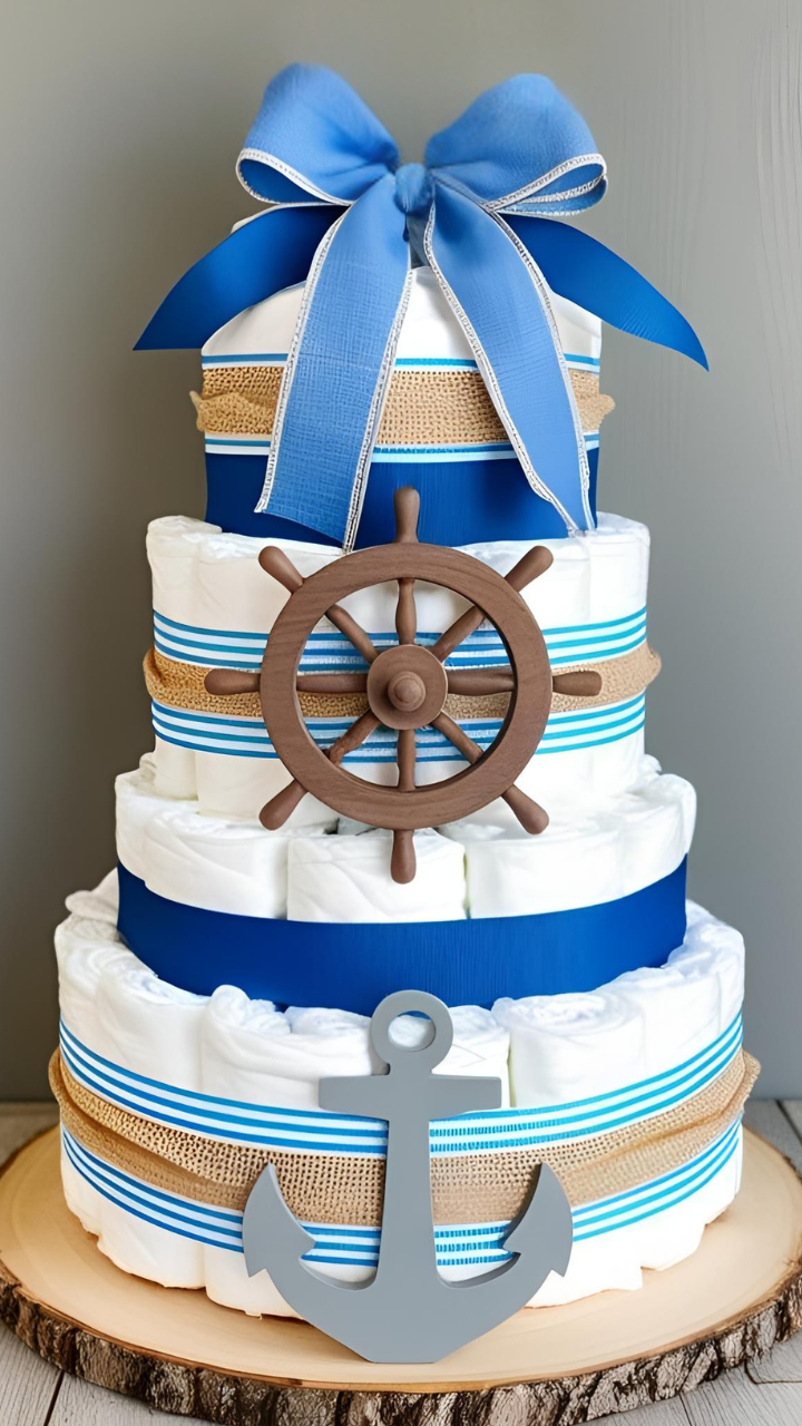 Nautical-themed diaper cake with blue and burlap ribbons, anchor and ship wheel decorations, topped with a large blue bow, displayed on a wooden base