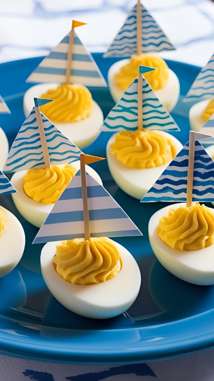 A plate of deviled egg sailboats arranged on a blue dish. Each egg half is filled with smooth, piped yolk filling and decorated with a small paper sail attached to a toothpick. The sails feature nautical blue and white wave patterns, resembling miniature sailboats. The presentation is perfect for a nautical-themed baby shower or party.