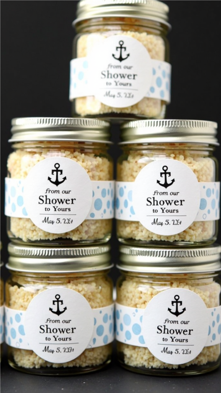 Small mason jars filled with bath salts, labeled with a nautical anchor design and the phrase 'From our shower to yours,' wrapped in blue polka dot ribbon, perfect as baby shower favors.