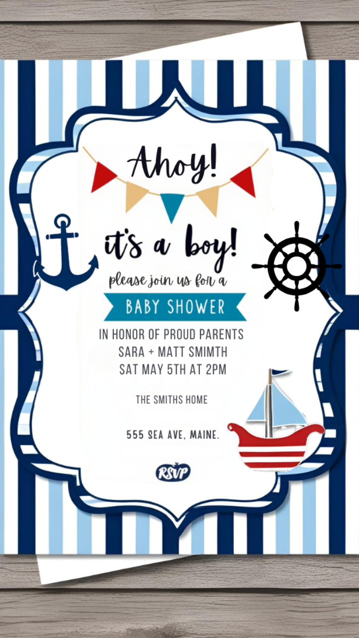 Nautical-themed baby shower invitation with blue and white stripes, an anchor, a ship’s wheel, and a red and white sailboat. The text reads ‘Ahoy! It’s a boy! Please join us for a baby shower’ along with event details.