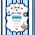 "Nautical baby shower invitation with a navy blue and white striped background, featuring an anchor, a ship’s wheel, a sailboat, and colorful pennant flags. The text reads ‘Ahoy! It’s a boy! Please join us for a baby shower’ along with event details.