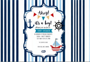 "Nautical baby shower invitation with a navy blue and white striped background, featuring an anchor, a ship’s wheel, a sailboat, and colorful pennant flags. The text reads ‘Ahoy! It’s a boy! Please join us for a baby shower’ along with event details.