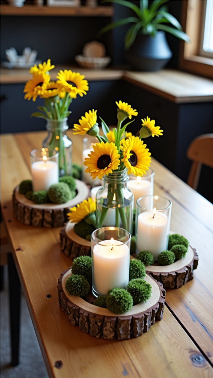 Rustic sunflower bridal shower centerpiece with mason jar vases, wooden slices, white candles, and green moss on a wooden table.