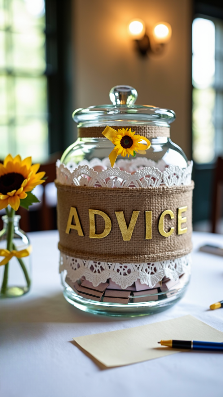 Sunflower-themed bridal shower advice jar decorated with burlap, lace, gold lettering, and a small sunflower ribbon, placed on a table with note cards and pens.