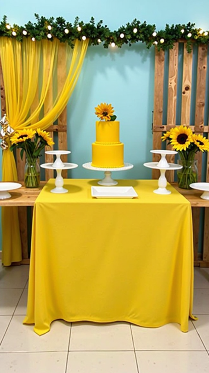 Sunflower-themed bridal shower setup with a yellow tablecloth, a two-tier yellow cake topped with a sunflower, white cake stands, fresh sunflower arrangements in glass vases, wooden pallet decor, yellow drapery, and a greenery garland with string lights.