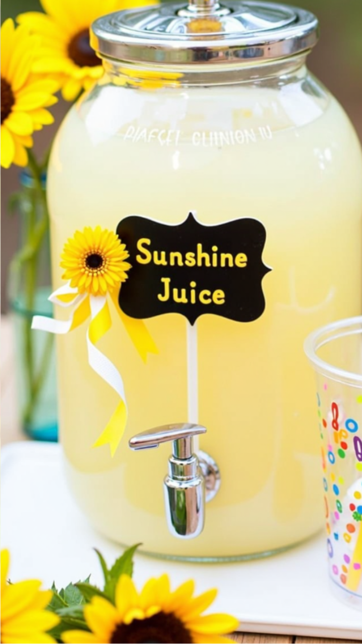 Sunflower-themed lemonade dispenser labeled 'Sunshine Juice,' decorated with a sunflower, yellow ribbon, and a spigot, set on a table with cups and sunflower decorations.