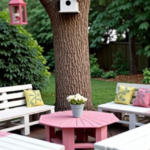 DIY pallet seating and pink lanterns in a budget-friendly backyard setup