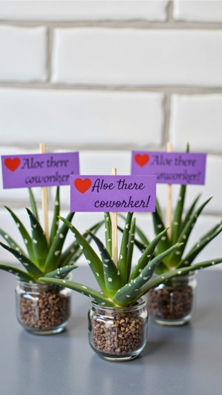 Mini aloe vera plants with 'Aloe there coworker!' birthday tags in glass jars.