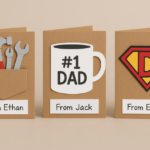 Three handmade Father’s Day cards for kids to personalize, featuring paper tools, #1 Dad mug, and superhero theme
