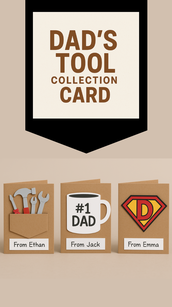 Three handmade Father’s Day cards for kids to personalize, featuring paper tools, #1 Dad mug, and superhero theme 