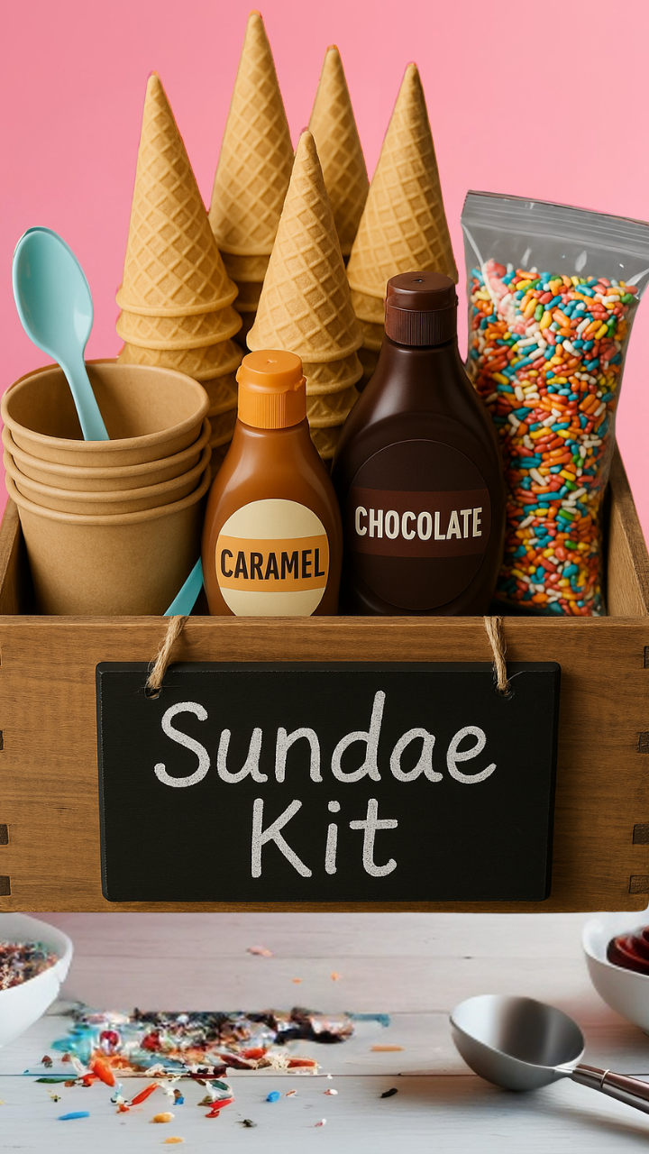 Rustic sundae kit gift basket with ice cream toppings and cones, ideal for Father’s Day.