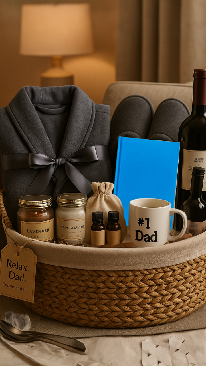Father's Day relaxation gift basket with robe, slippers, candles, tea, and wine on cozy armchair 