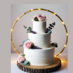 Three-tier white wedding cake with pink roses and lavender, framed by a gold floral hoop with fairy lights on a rustic wooden base.