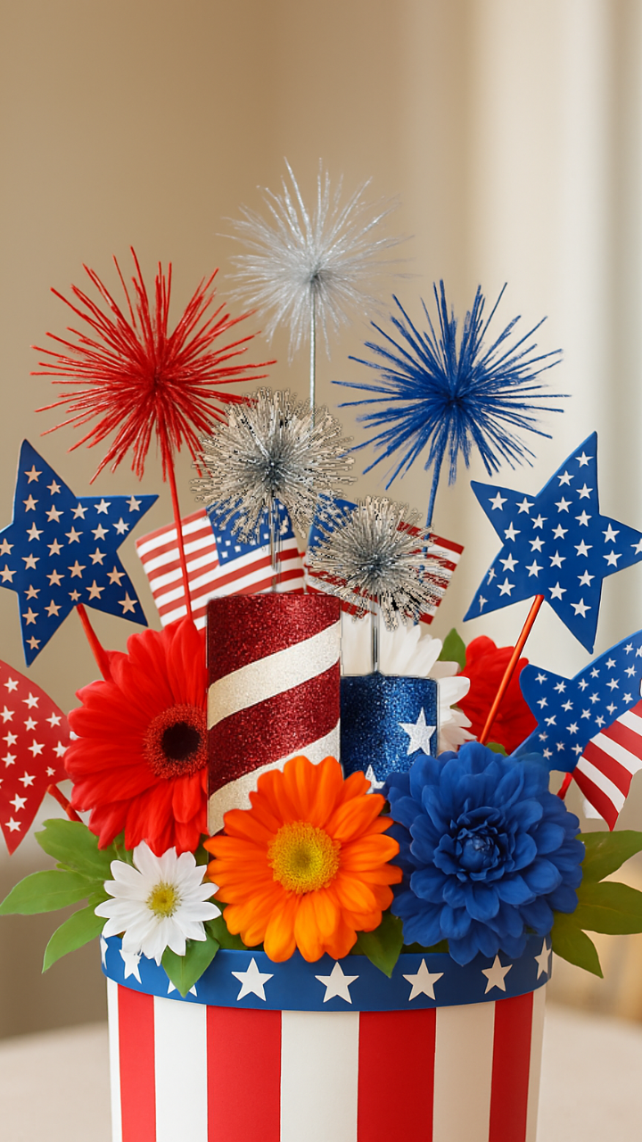 Festive patriotic centerpiece featuring red, white, and blue flowers, glittery star decorations, and pinwheels in a striped container, perfect for Fourth of July or Memorial Day table décor.