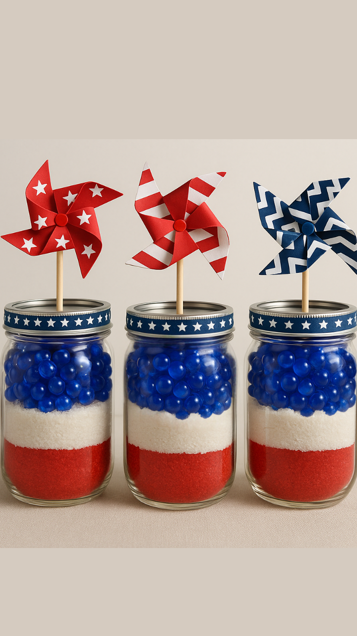 Patriotic mason jar centerpieces with red, white, and blue layers topped with festive pinwheels.