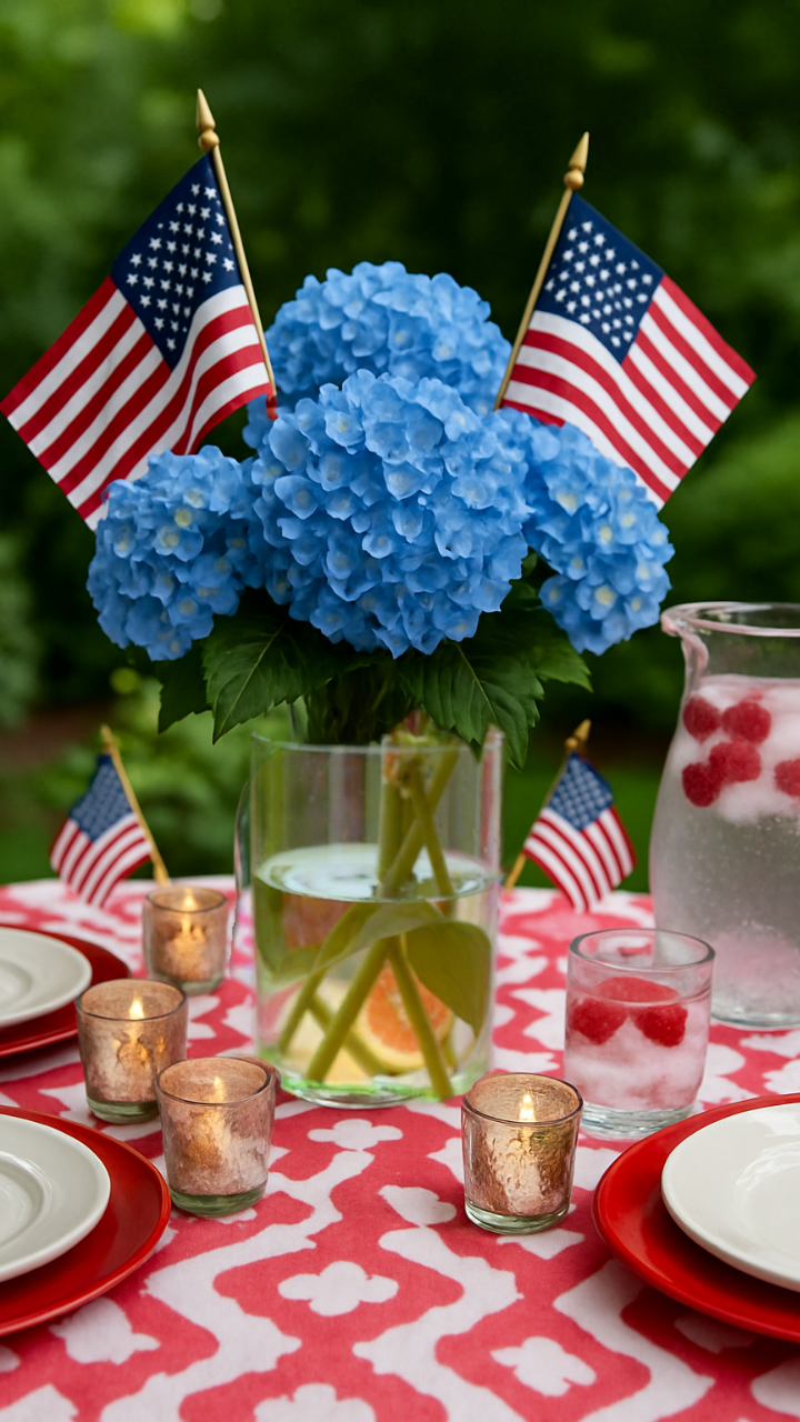 Outdoor patriotic table with blue hydrangeas, American flags, red and white plates, and gold votive candles – simple 4th of July centerpiece idea.