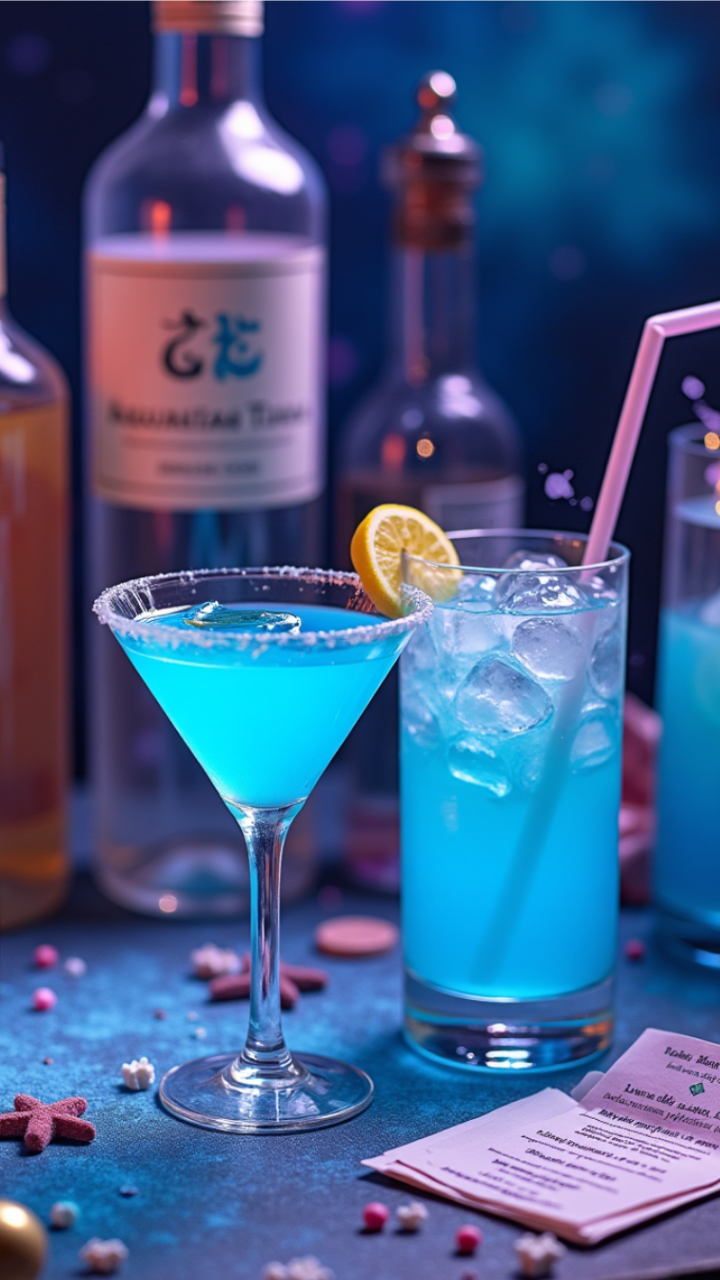 Blue Aquarian cocktails with sugared rims, perfect for a zodiac-themed mixology station.