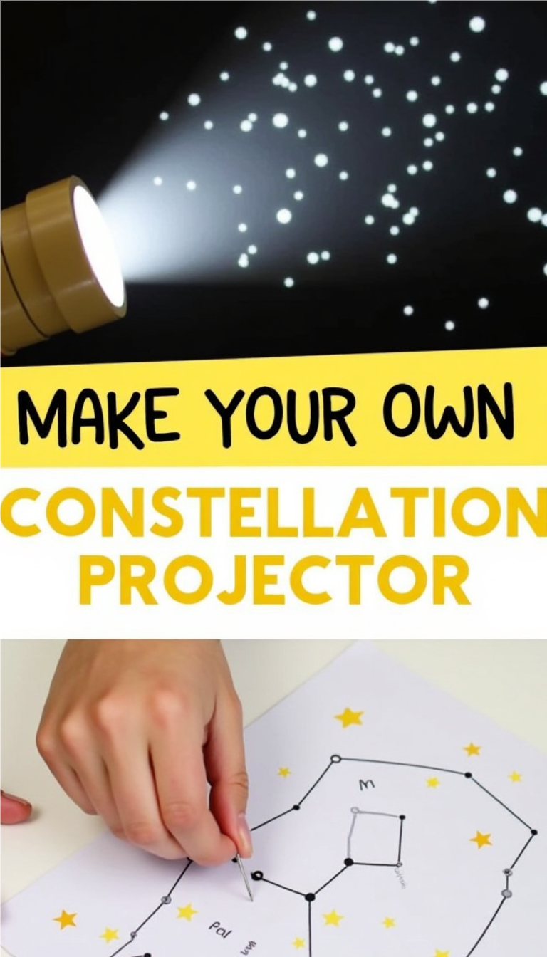 DIY constellation projector craft with flashlight projecting stars and hand poking star shapes into a constellation template.