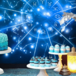 Aquarius-themed dessert table with zodiac backdrop and astrology-inspired treats