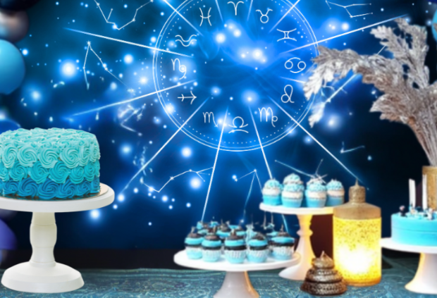 Aquarius-themed dessert table with zodiac backdrop and astrology-inspired treats