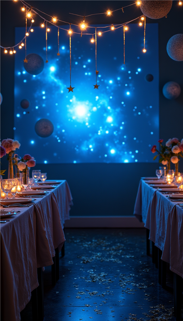 Celestial party setup with star lights, nebula backdrop, and cosmic blue decor.
