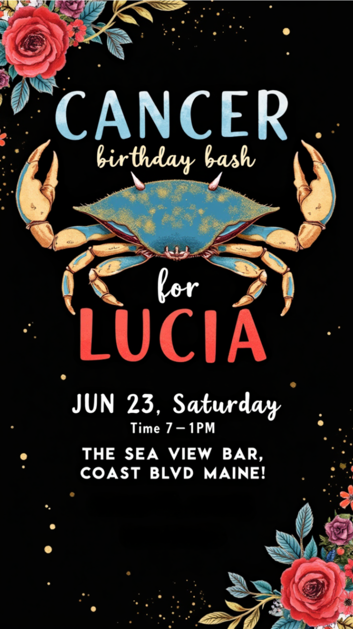 Crab zodiac birthday invitation with floral and ocean motifs for a June 23 birthday party