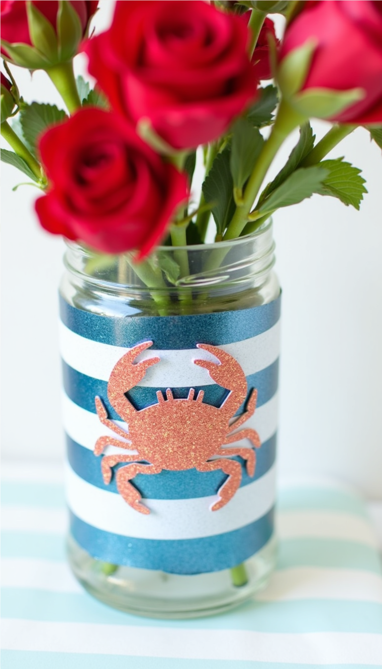 DIY nautical Cancer zodiac vase with red roses and glitter crab decoration