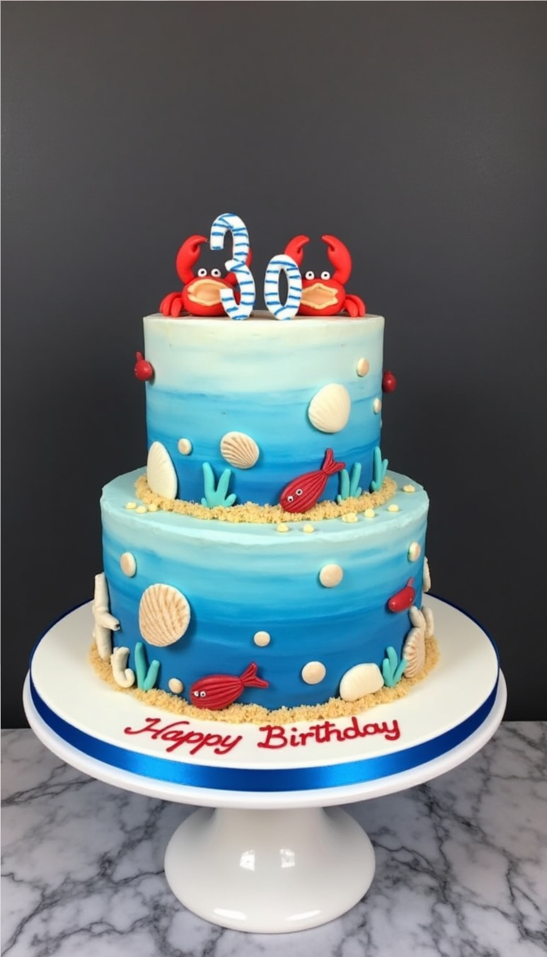 Two-tier under-the-sea themed birthday cake with crabs, seashells, and ocean creatures