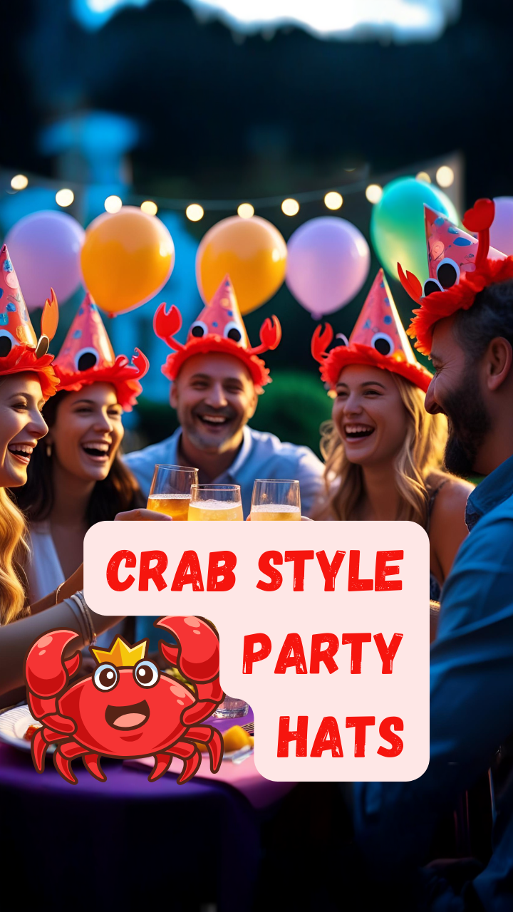 Group of friends wearing crab-themed party hats at a Cancer zodiac birthday celebration