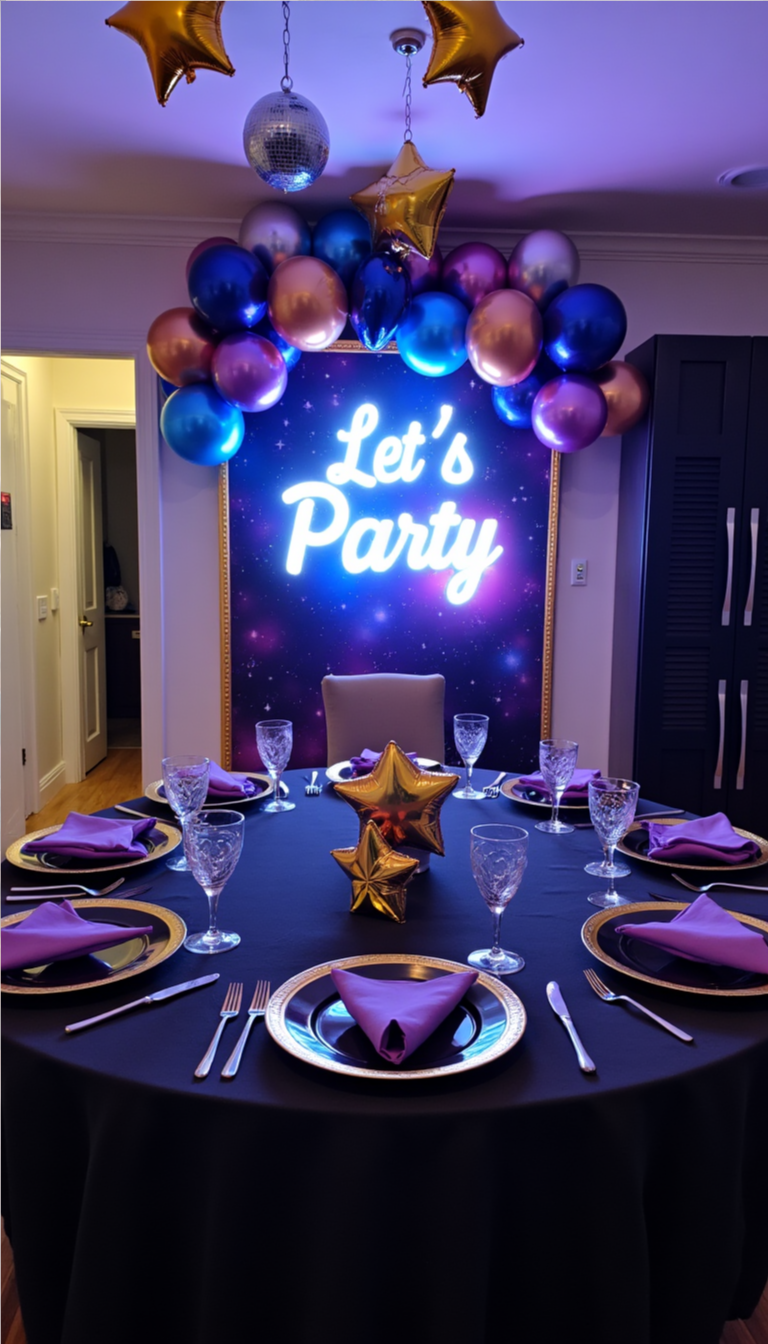 Elegant Gemini zodiac birthday table setup with black tablecloth, purple napkins, gold chargers, star balloons, and glowing 'Let's Party' sign