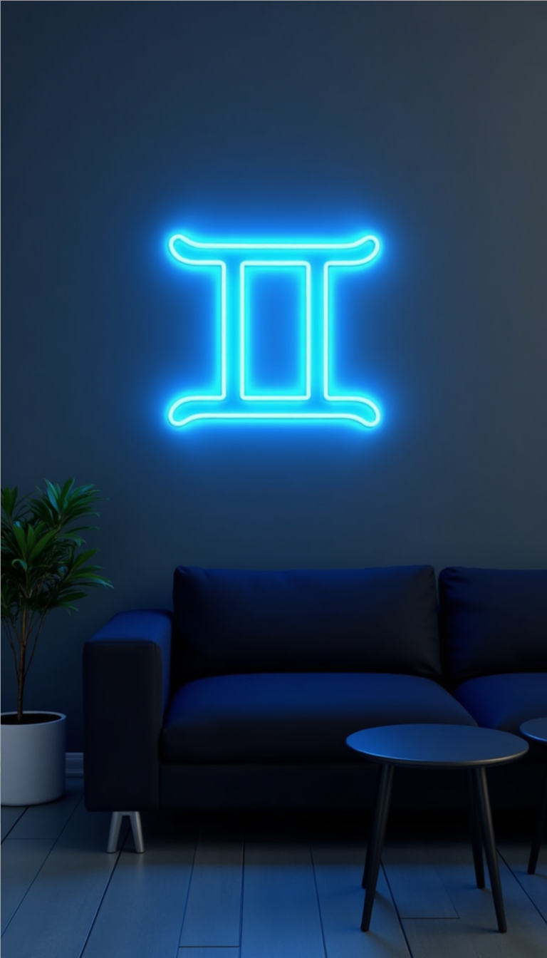 Gemini zodiac neon wall sign in glowing blue above dark modern lounge setup with couch, tables, and indoor plant