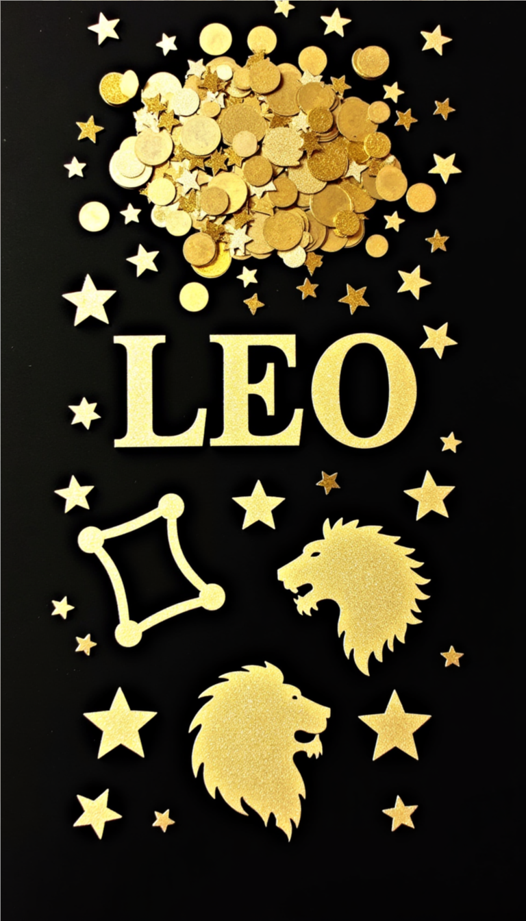 Gold Leo zodiac confetti with stars, lion heads, and constellation shapes on black background 