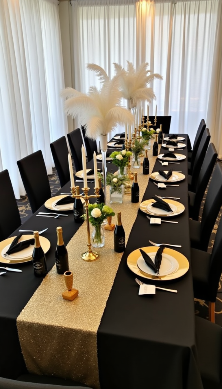 Elegant Leo zodiac party table setup with black and gold decor, champagne bottles, and bold centerpiece