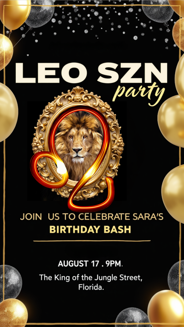 Leo birthday party invitation with lion, gold balloons, and zodiac symbol.