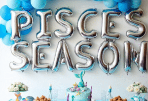 Blue and silver Pisces birthday party table with mermaid cake, balloon arch, and themed desserts