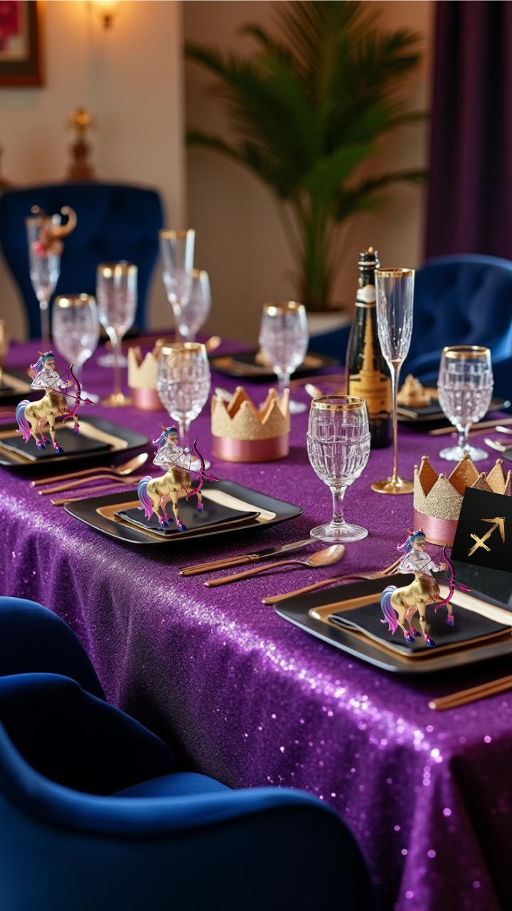 Glam Sagittarius party table with purple sequin tablecloth, gold accents, and crown decor.