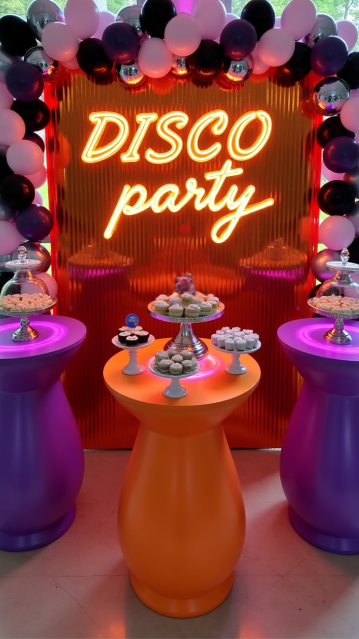 Neon-lit disco-themed dessert table with cupcakes and balloon arch