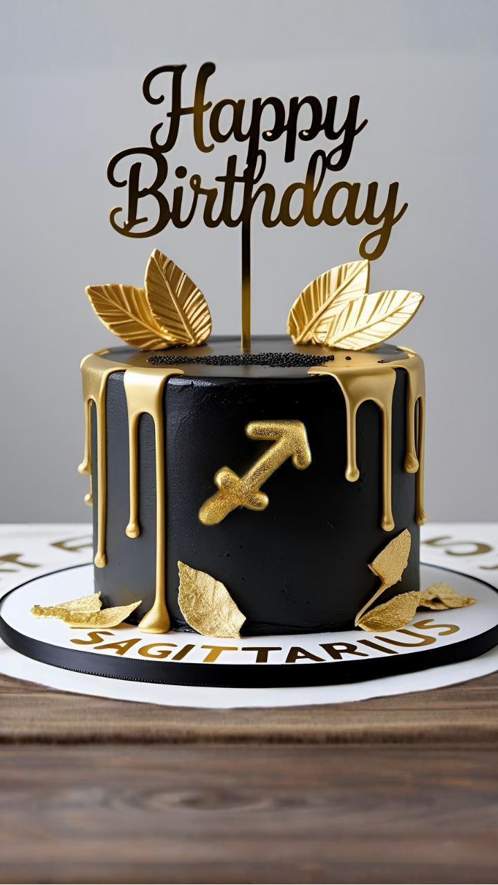 Black and gold Sagittarius birthday cake with zodiac arrow and golden leaves
